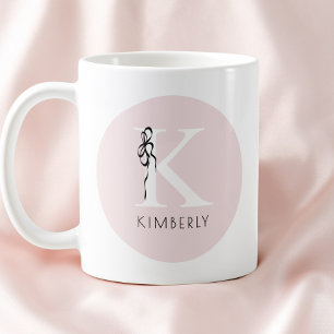 Mug Monogramme Élégant Rose Féminin Ruban