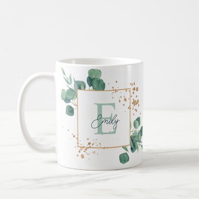 Mug Monogramme élégant vert eucalyptus et feuille d'or (Gauche)