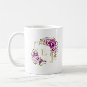 Mug Monogramme Élégant Vintage Floral Purple Pansies