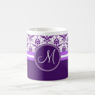 Mug Monogramme Elegant Vintage pourpre et blanc Damas