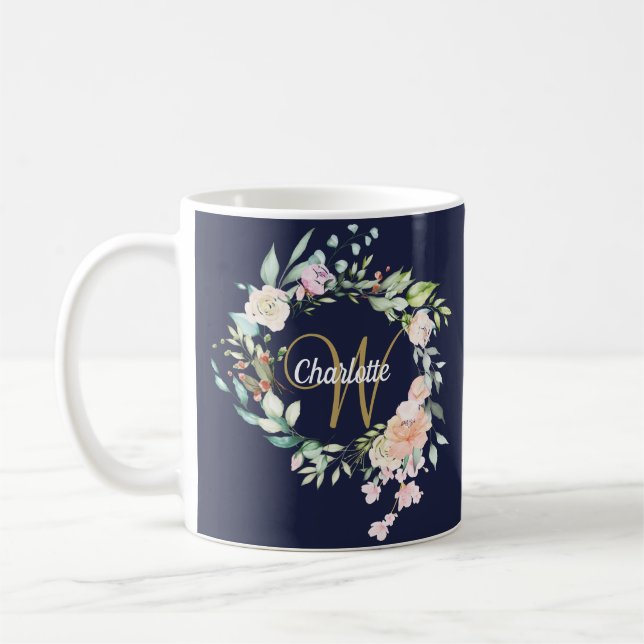 Mug Monogramme en écriture dorée Fleurs Roses Bleu mar (Gauche)