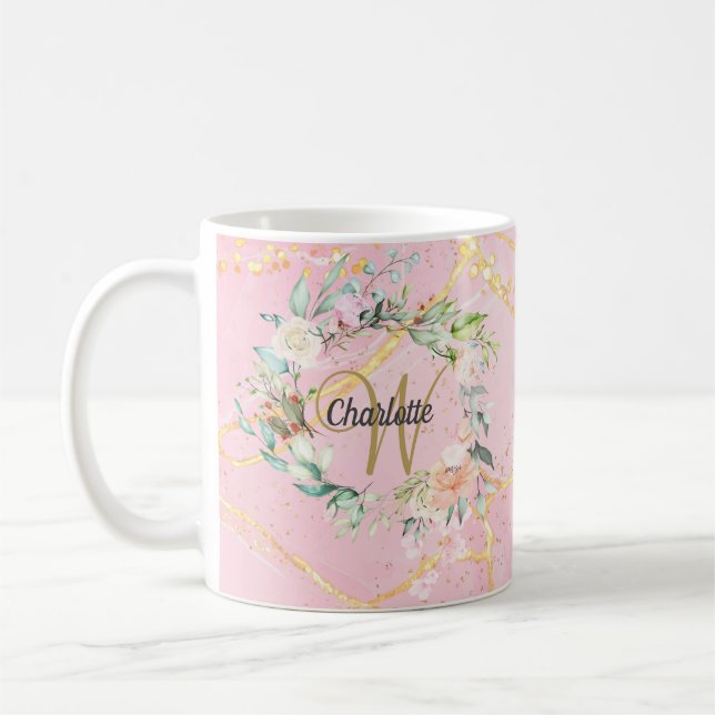 Mug Monogramme en écriture dorée Floral Gold sur agate (Gauche)