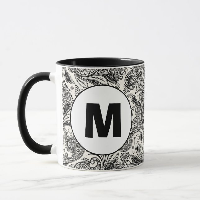 Mug Monogramme en noir et blanc à motifs cachemire (Gauche)