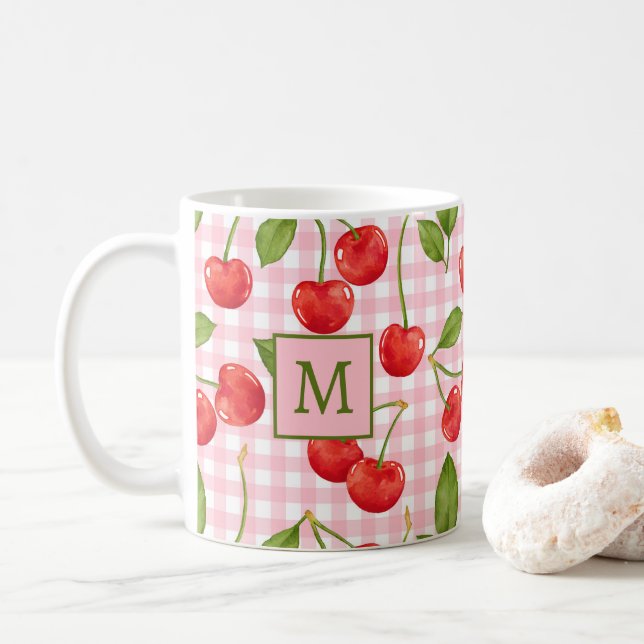 Mug Monogramme En vichy rose & cerise Musique (Avec donut)