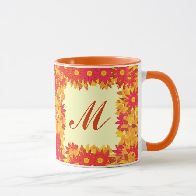 Mug Monogramme encadré de fleurs - rouge et or (Droite)