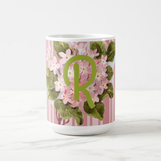 Mug Monogramme et fleurs sur rayures roses (Centre)