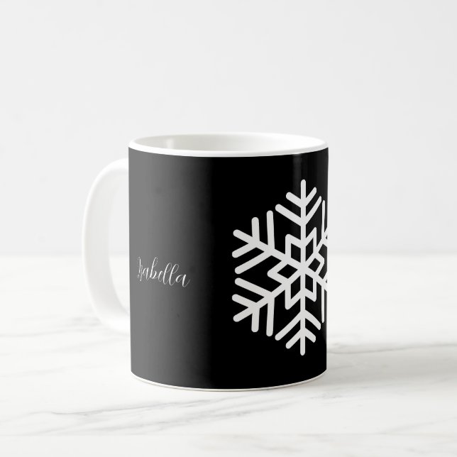 Mug Monogramme et grand flocon de neige blanc sur fond (Devant gauche)