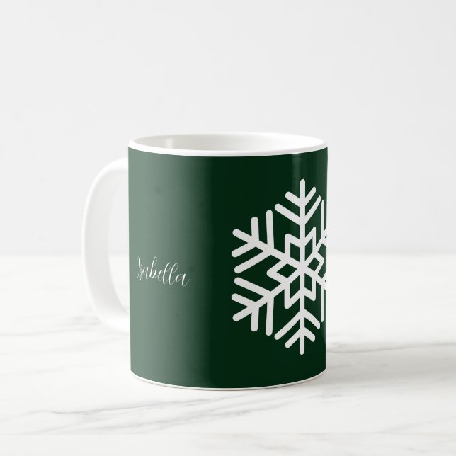 Mug Monogramme et grand flocon de neige blanc sur fond (Devant gauche)
