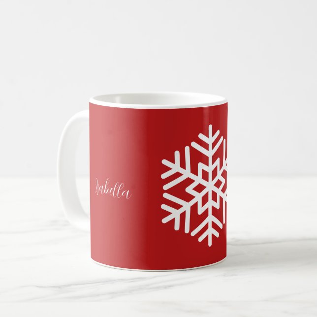Mug Monogramme et grand flocon de neige blanc sur fond (Devant gauche)