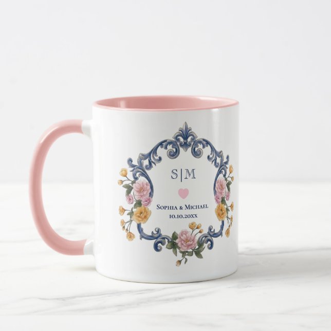 Mug Monogramme et initiales florales élégantes à l'aqu (Gauche)