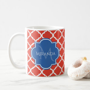 Mug Monogramme et nom bleu Quatrefoil rouge tendance