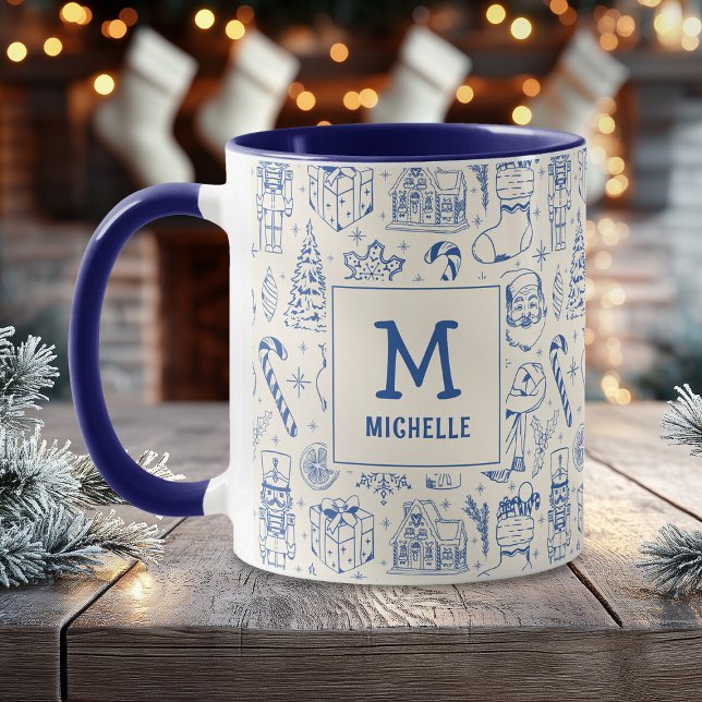 Mug Monogramme et nom du canicule de Noël bleu (Créateur téléchargé)