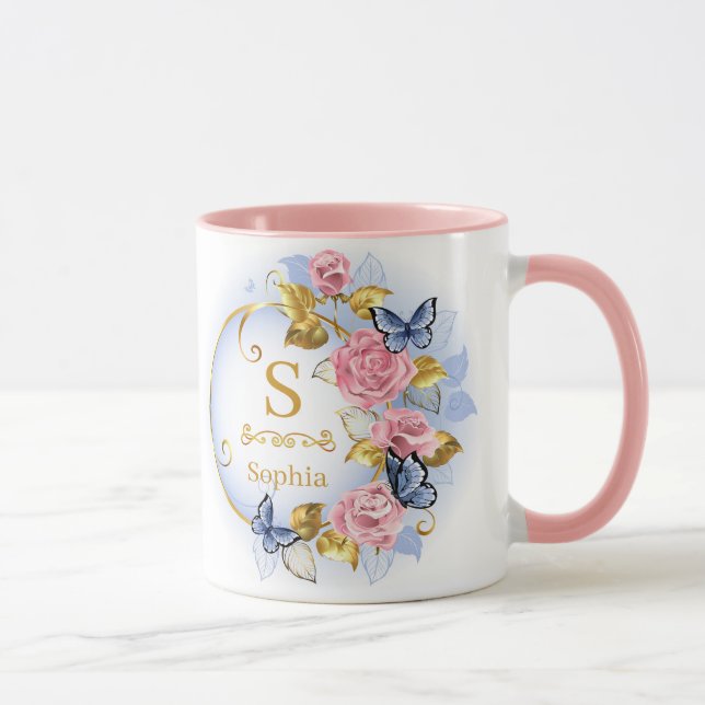 Mug Monogramme et nom élégants avec papillon floral in (Droite)