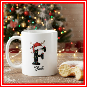 Mug Monogramme Famille Noël Antlers Santa Hat PHOTO