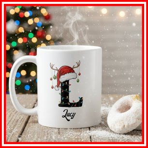Mug Monogramme Famille Noël Antlers Santa Hat PHOTO