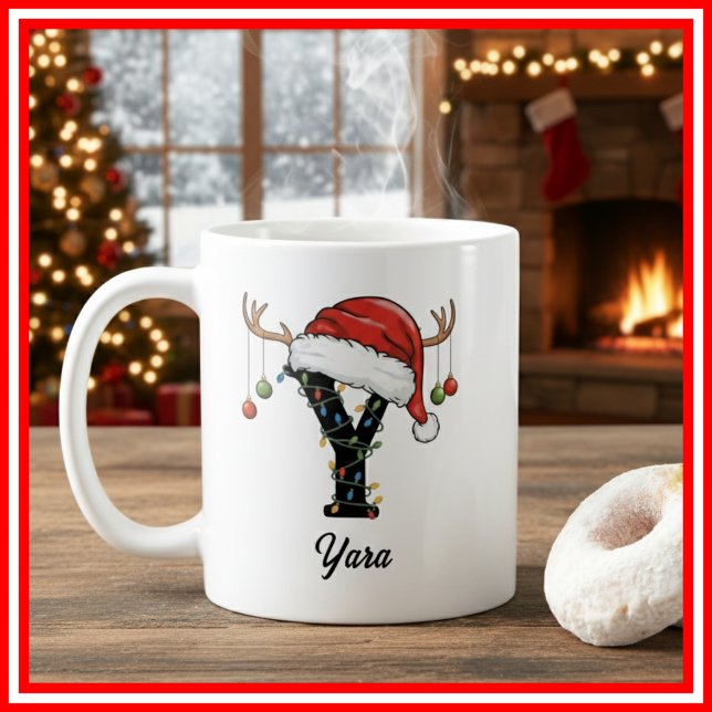 Mug Monogramme Famille Noël Antlers Santa Hat PHOTO (Créateur téléchargé)