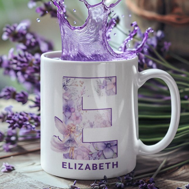 Mug Monogramme Fée Lilac personnalisé E (Personalized Lilac Fairy Monogram E Coffee Mug)