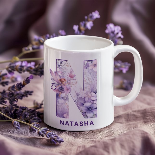 Mug Monogramme Fée Lilac Personnalisé N (Personalized Lilac Fairy Monogram N Coffee Mug)