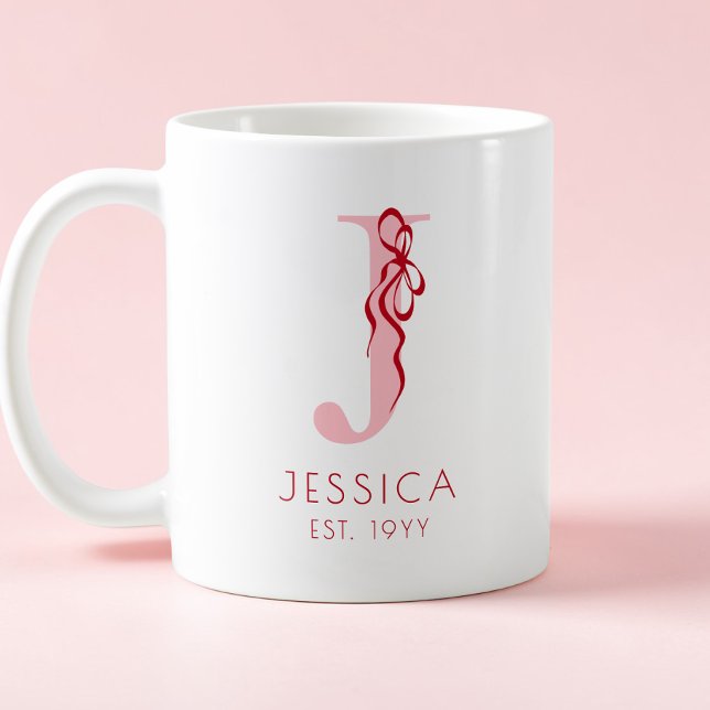 Mug Monogramme Féminin Élégant Typographie Chic Nœud (Pink Elegant Typography Chic Bow Feminine Monogram Coffee Mug)
