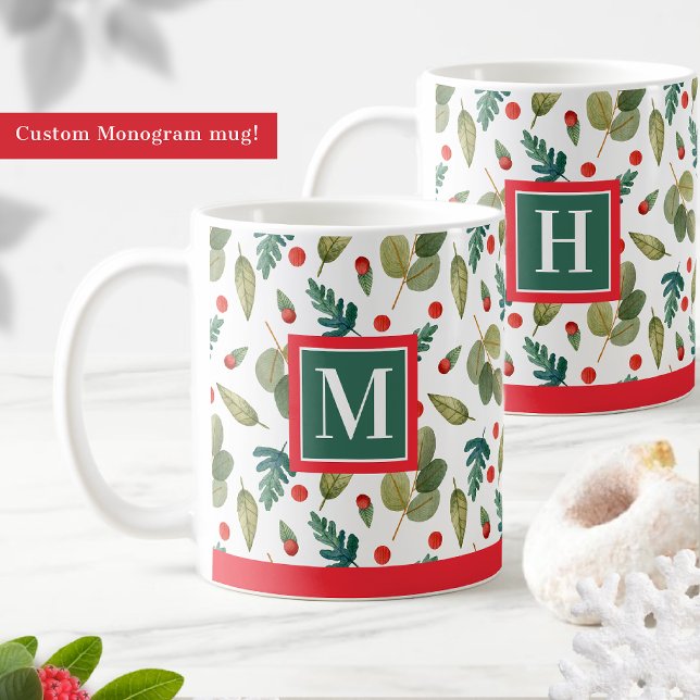 Mug Monogramme, Festive et Holly, Rouge Vert (Créateur téléchargé)