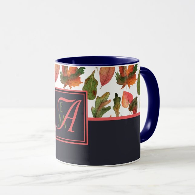 Mug Monogramme Feuilles d'automne Bleu Orange Décor d' (Devant droit)