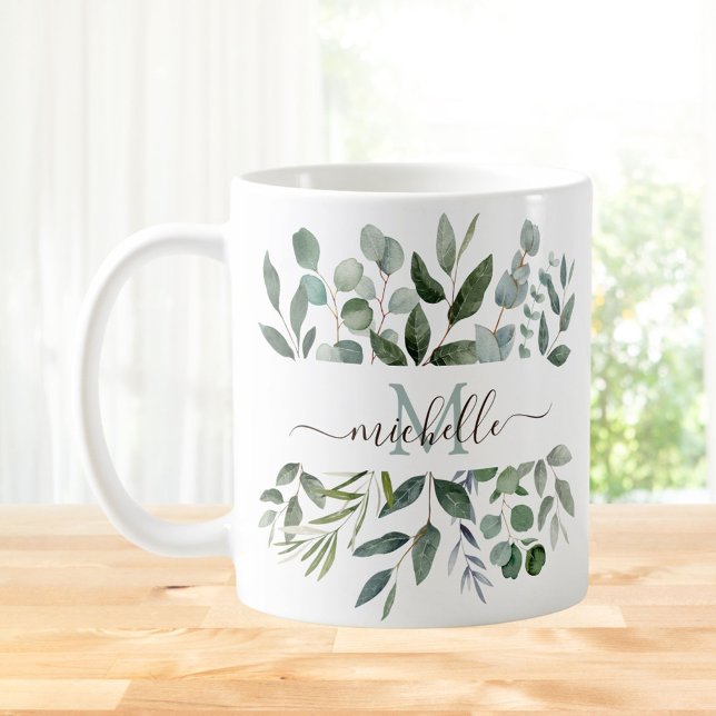 Mug Monogramme feuilles de verdure d'eucalyptus vert s (In situ)