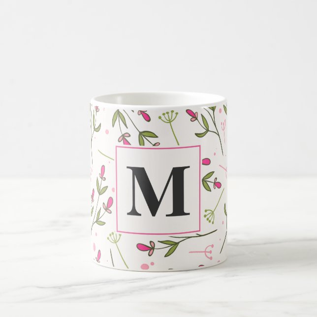 Mug Monogramme Fleur sauvage rose et vert à longue tig (Centre)