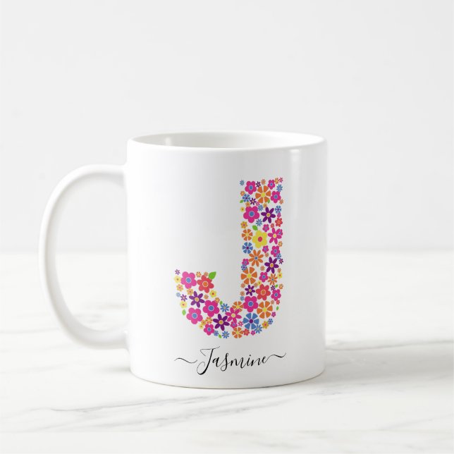 Mug Monogramme Fleurs Texte Personnalisé - Lettre Flor (Gauche)