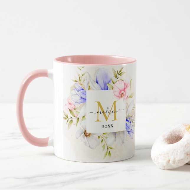 Mug Monogramme floral aquarelle bleu et rose (Avec donut)
