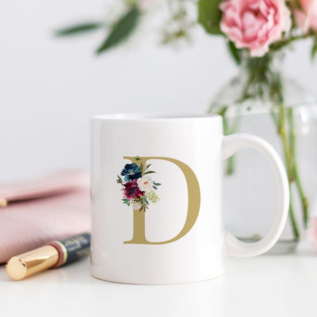 Mug Monogramme floral aquarelle bordeaux marine (Créateur téléchargé)