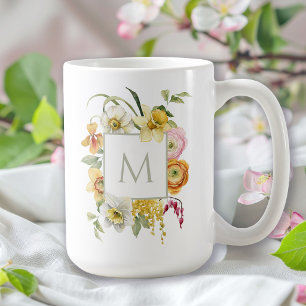 Mug Monogramme floral aquarelle de fleurs printanières