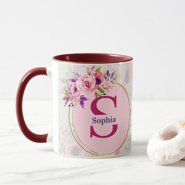 Mug Monogramme floral aquarelle I Cadeau avec nom pers (Avec donut)