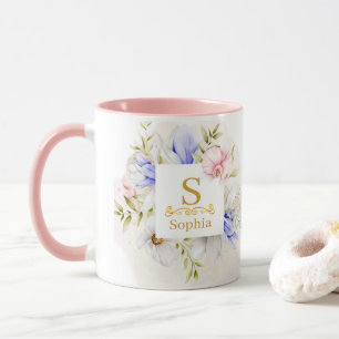 Mug Monogramme floral aquarelle I Initiale dorée perso