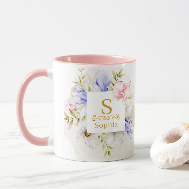 Mug Monogramme floral aquarelle I Initiale dorée perso (Avec donut)