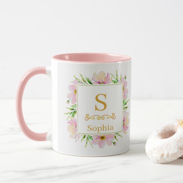 Mug Monogramme floral aquarelle I Initiale dorée perso (Avec donut)