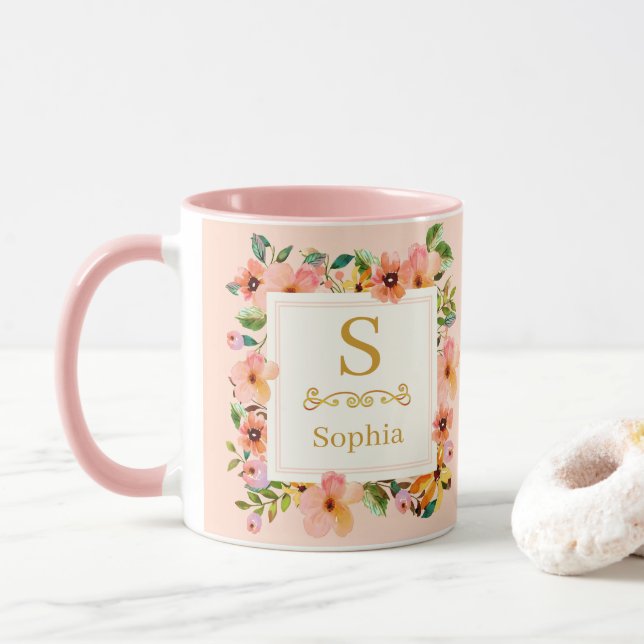 Mug Monogramme floral aquarelle I Initiale dorée perso (Avec donut)