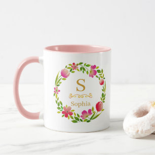 Mug Monogramme floral aquarelle I Initiale dorée perso