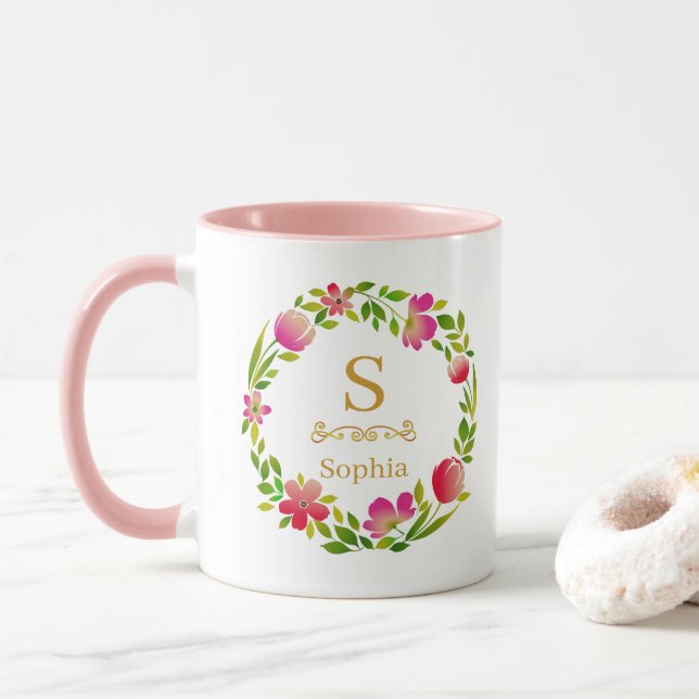 Mug Monogramme floral aquarelle I Initiale dorée perso (Avec donut)