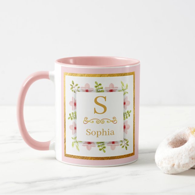 Mug Monogramme floral aquarelle I Initiale dorée perso (Avec donut)