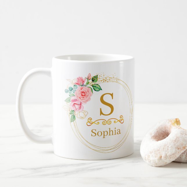 Mug Monogramme floral aquarelle I Initiale dorée perso (Avec donut)