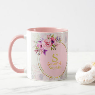 Mug Monogramme floral aquarelle I Initiale dorée perso