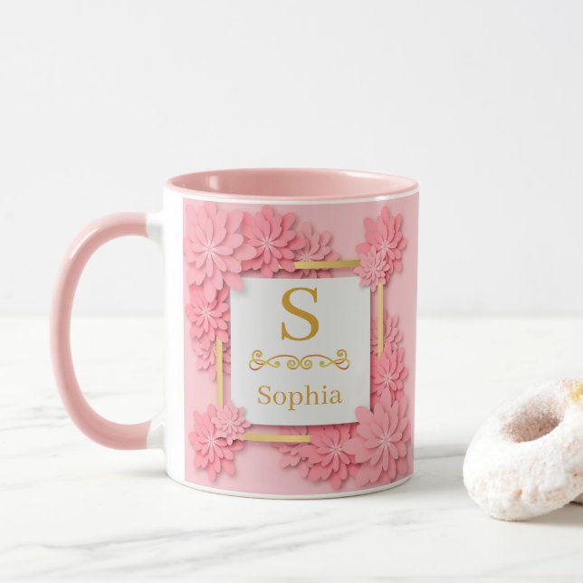 Mug Monogramme floral aquarelle I Initiale dorée perso (Avec donut)