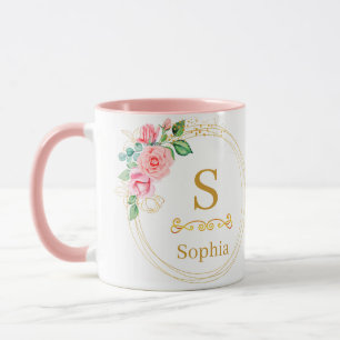 Mug Monogramme floral aquarelle I Initiale dorée perso