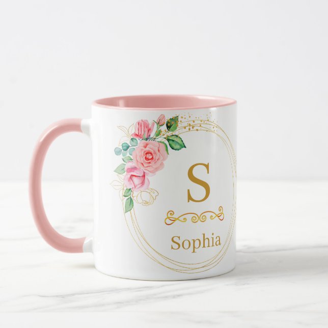 Mug Monogramme floral aquarelle I Initiale dorée perso (Gauche)