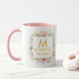 Mug Monogramme floral aquarelle I Initiale et nom en o