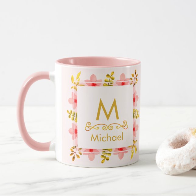 Mug Monogramme floral aquarelle I Initiale et nom en o (Avec donut)