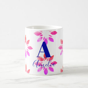 Mug Monogramme Floral Aquarelle Rétro Motif rose chaud