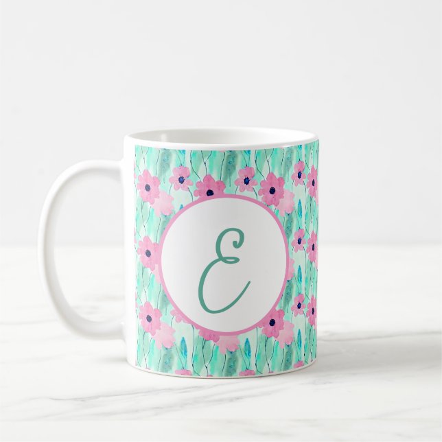 Mug Monogramme floral aquarelle rose clair et vert (Gauche)