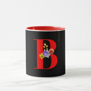 Mug Monogramme Floral B Rouge Intérieur Noir 