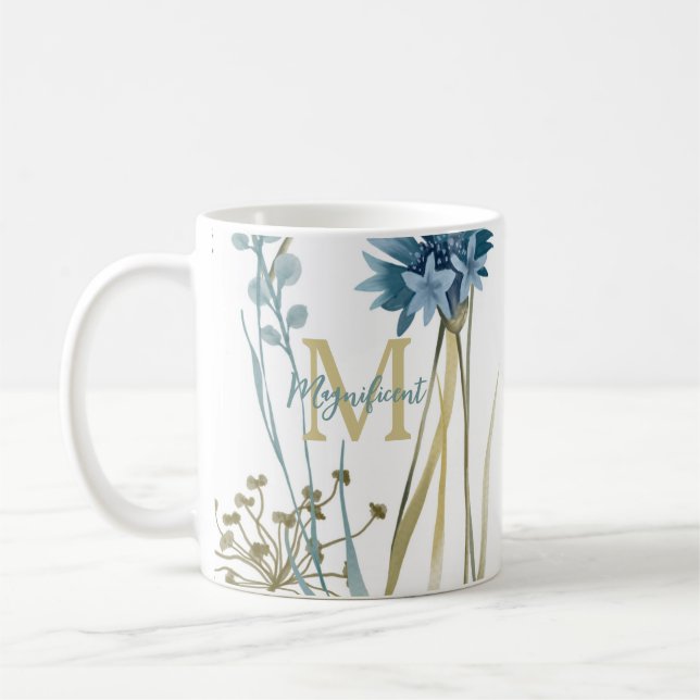 Mug Monogramme Floral Bleu Bleu Or Blanc (Gauche)